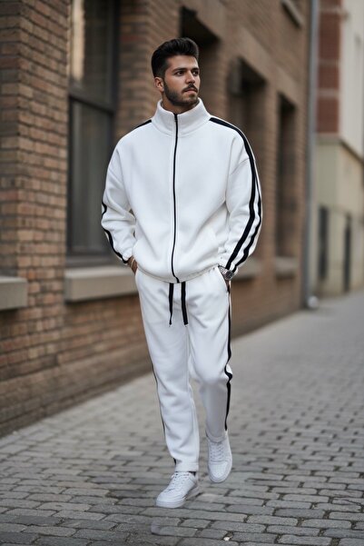 BİRBEYSTORE Lower Upper Set Striped Detail 3 Thread Tracksuit Set Zippered Comfortable Fit Elastic Waist