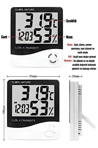 MorPort Lüx Bebek Oda Termometresi x Dijital Oda Termometresi x Derece Termometre Isı Nem Saat Alarm Mini
