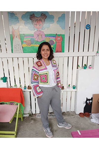 Bilge El Örgüsü Etnik Bohem Otantik Motif Desenli Tığ İşi Kadın Hırka