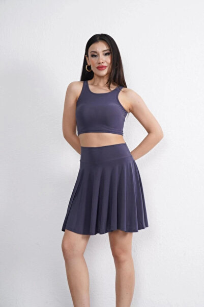 GENCULUS Endy Fabric Crew Neck Crop Shorts Skirt Two-Piece Set Anthracite