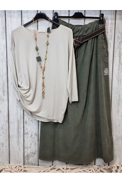 pudubutik Loose Cut Velvet Long Skirt Khaki