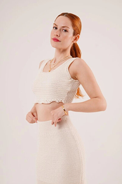 GENCULUS Knitted Detailed Skirt and Blouse Cream Set