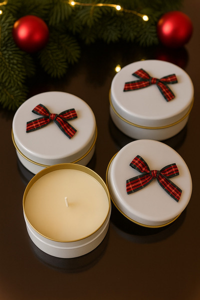 3 Metal Boxed Candles with Christmas Bowtie Detail