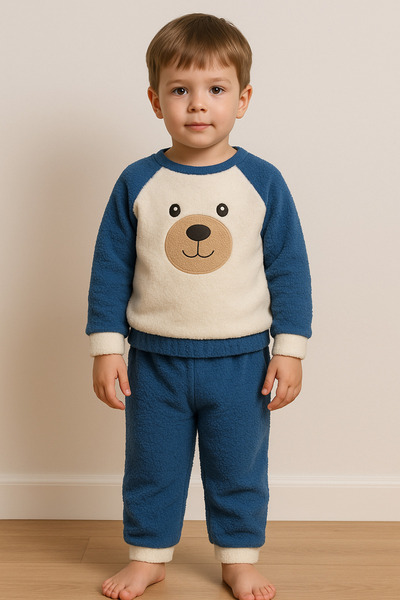 Bubito Teddy Bear Embroidered Baby & Kids Winter Plush Welsoft Top and Bottom Set - Blue