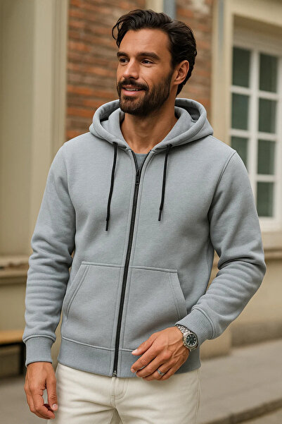 DAMGA JEANS Ανδρικό χειμερινό γκρι oversized μακρύ φούτερ ζακέτα