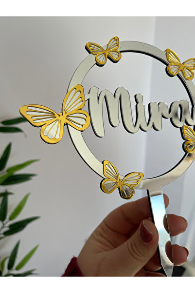 NaturessCo İsme özel Kelebek model yuvarlak Ayna Pleksi Pasta Süsü Pasta kürdanı