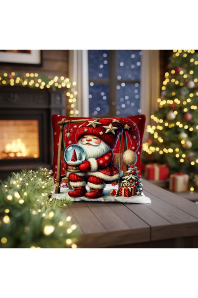 Ahsen Dekoratif Christmas Themed Red Background Dwarf Patterned Set of 2 Digital Printed Gift Pillow Cushion Covers