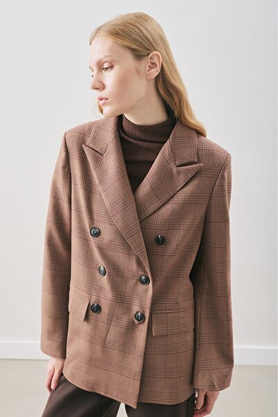 Manuka Double-Breasted Plaid Blazer Jacket Bordo