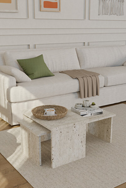 Estoria Home Terra Traverten Mermer Desen 2'li Orta Sehpa Modern Yeni Nesil K...