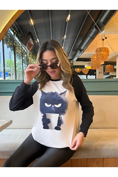 GENCULUS    Women's Long Sleeve Crew Neck Cat Printed Hooded Diver Blouse