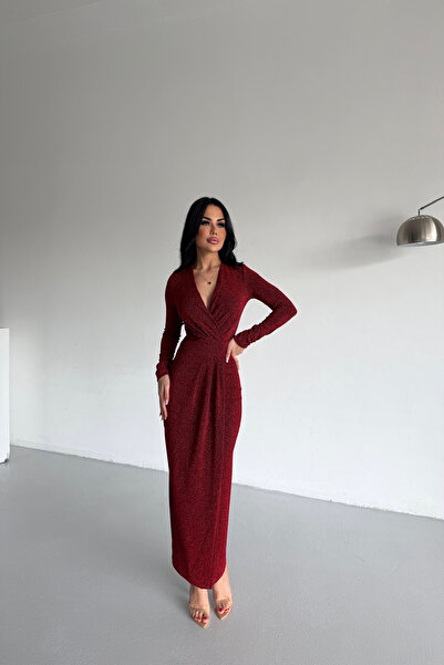 kamacibutik Double-Breasted Special Design Burgundy Dress with Collar and Glitter