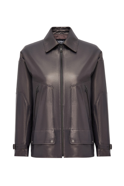 Derimod Rosalin Women Gray Shirt Collar Oversized Leather Coat 25Wge5327Mp