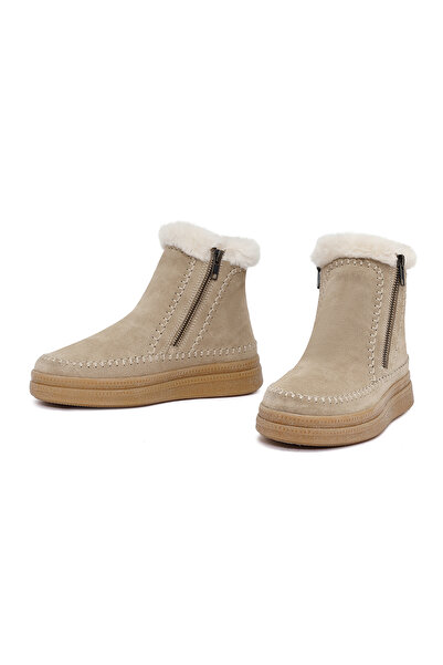 Derimod Women's Beige Zippered Thick Soled Suede Leather Teddy Boots 25Wfd205110