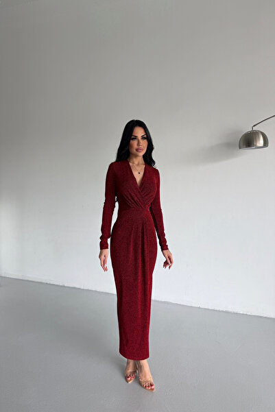 kamacibutik Double-Breasted Special Design Burgundy Dress with Collar and Glitter