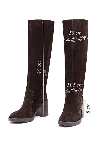 Derimod Women's Brown Zippered Thick Heeled Suede Leather Boots 25Wfd203110