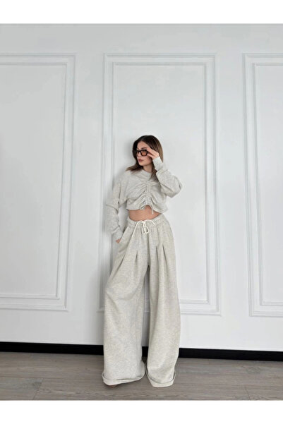 GENCULUS Long Sleeve Front Drawstring Crop Top and Pants Two-Piece Set Gray