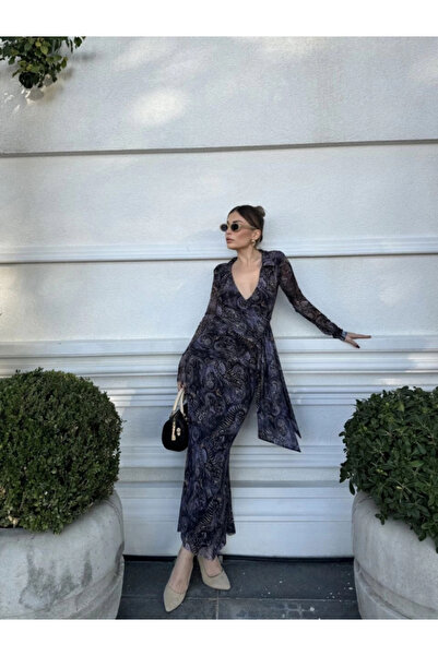 GENCULUS Double-Breasted V-Neck, Ruffled and Lace-Up Patterned Blouse and Midi Skirt Set Black