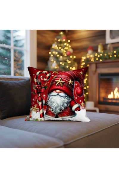 Ahsen Dekoratif Christmas Themed Red Background Dwarf Patterned Set of 2 Digital Printed Gift Pillow Cushion Covers