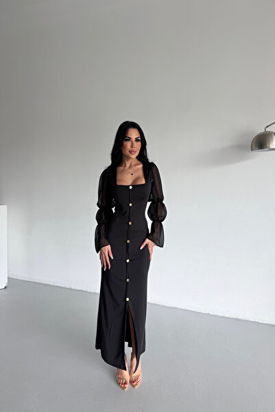 KAMACI BUTİK فستان بتصميم تول مع أكمام وتفاصيل أزرار