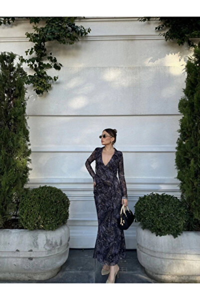 GENCULUS Double-Breasted V-Neck, Ruffled and Lace-Up Patterned Blouse and Midi Skirt Set Black