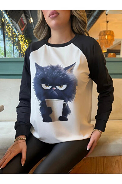 GENCULUS    Women's Long Sleeve Crew Neck Cat Printed Hooded Diver Blouse