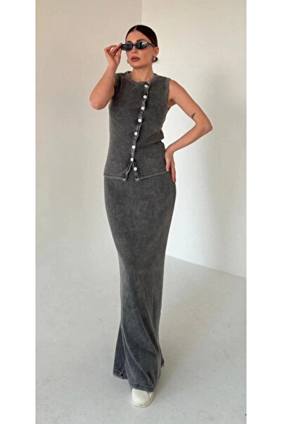 GENCULUS Long Skirt Buttoned Front Badi Double Suit Anthracite