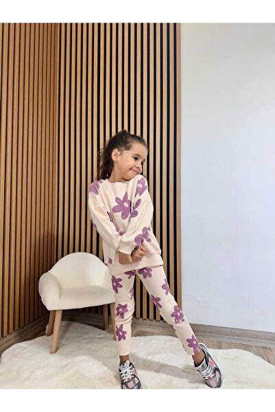 ARBİ kids Girl's Floral Print Three-Thread Class Full-Fit Winter Suit