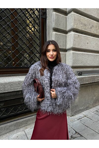 A&O Style Women's Oversized Patterned Extra Soft Textured Fur Coat