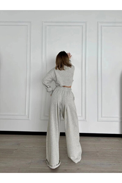 GENCULUS Long Sleeve Front Drawstring Crop Top and Pants Two-Piece Set Gray