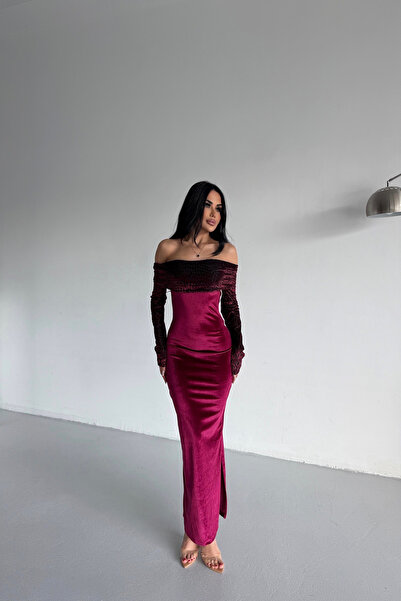 kamacibutik Madonna Special Design Velvet Dress with Leopard Print on the Neckline