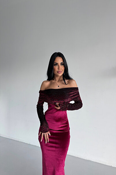 kamacibutik Madonna Special Design Velvet Dress with Leopard Print on the Neckline