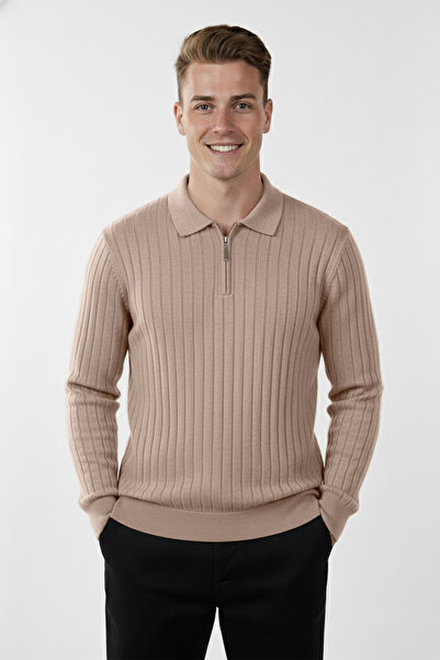 DeepSEA Men's Beige Slim Fit Polo Neck Knitwear Sweater - Soft Texture, Flexible and Stylish Look 2605305
