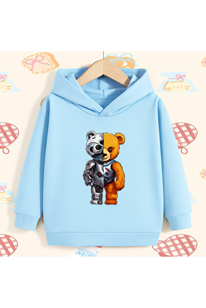 CLASSY.MODA هودي للجنسين مطبوع بتصميم شبه روبوت على شكل دمية دب مع جيب كنغر، ...