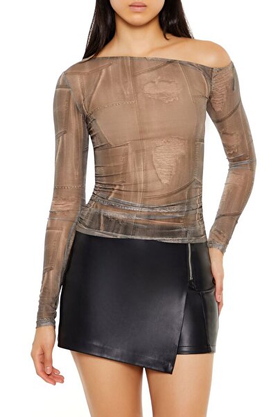 Forever 21 Denim Baskılı Tek Omuz Bluz