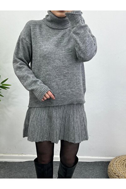 POİNE Women's Stylish High-Neck Sweater-Skirt Basic Top and Bottom Set