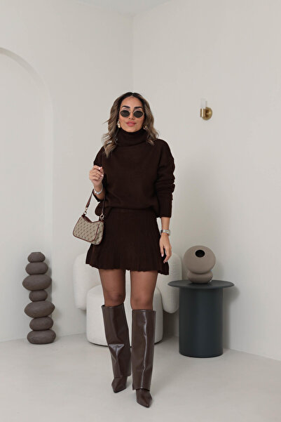 POİNE Women's Stylish High-Neck Sweater-Skirt Basic Top and Bottom Set