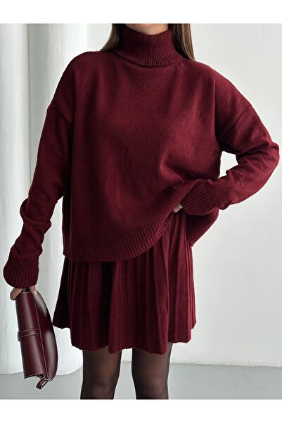 POİNE Women's Stylish High-Neck Sweater-Skirt Basic Top and Bottom Set