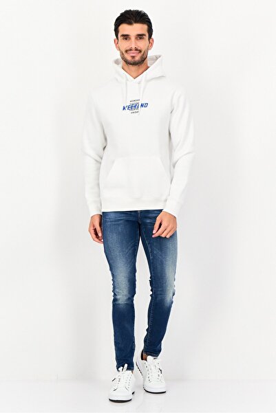 CELIO Men Hood With Drawstring Print Long Sleeve Hoodie, Optical White