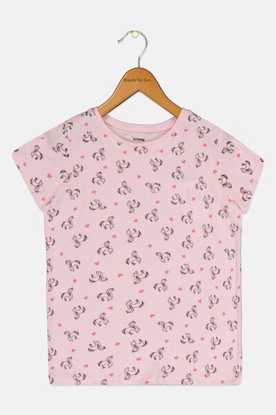 Sinsay Kids Girl Crew Neck Short Sleeves Unicorn Print Top, Pink