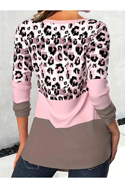 GENCULUS Women's Long Sleeve V Neck Leopard Print Raised Diver Blouse