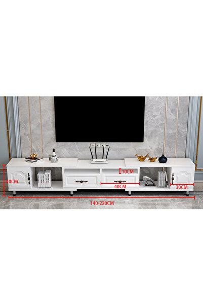 Venpara Expandable TV Stand Cabinet 140-220cm, Multi-Shelf Storage, Modern White TV Table