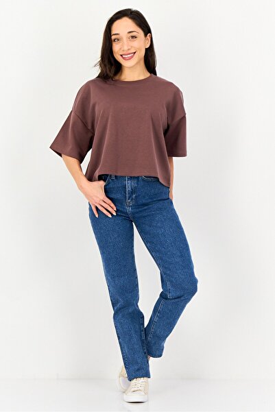 Core Elements Women Ribbed Neck Short Sleeve Plain Top, Brown