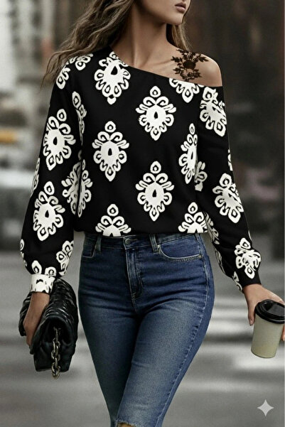 GENCULUS Women's Strappy Long Sleeve Off-The-Shoulder Patterned Mosskrep Blouse