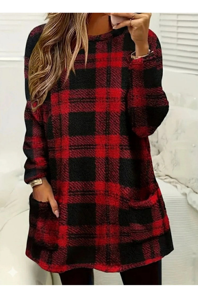 GENCULUS Women's Long Sleeve Semi-High Neck Pocket Detailed Plaid Woven Tunic