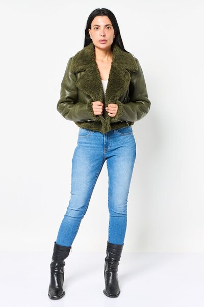 Don't Call Me Jennyfer Women Textured Leather Motorcycle Jacket, Dark Olive