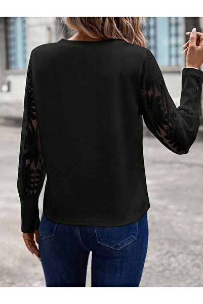 GENCULUS    Women's Long Sleeve Crew Neck Sleeves Floral Waffle Blouse