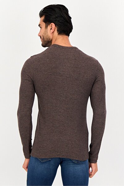 CELIO Men Crew Neck Long Sleeve Textured T-Shirt, Charcoal