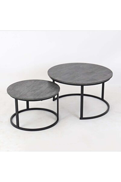 Palma homez Set of Round Serving Tables with Wooden Top and Metal Base - Gray