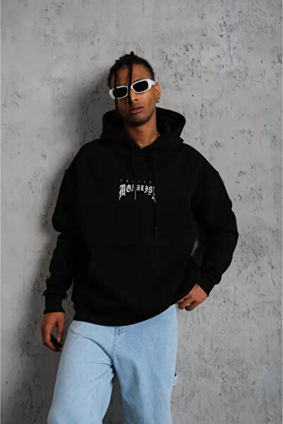 GENCULUS Men's Printed Hooded and Kangaroo Pocket Sweatshirt Black