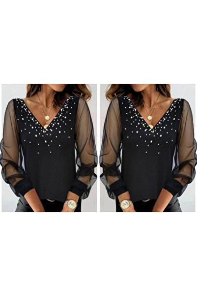 GENCULUS Women's Long Sleeve V-Neck Sleeves Tulle Neckline And Chest Pearl Detail Crepe Blouse